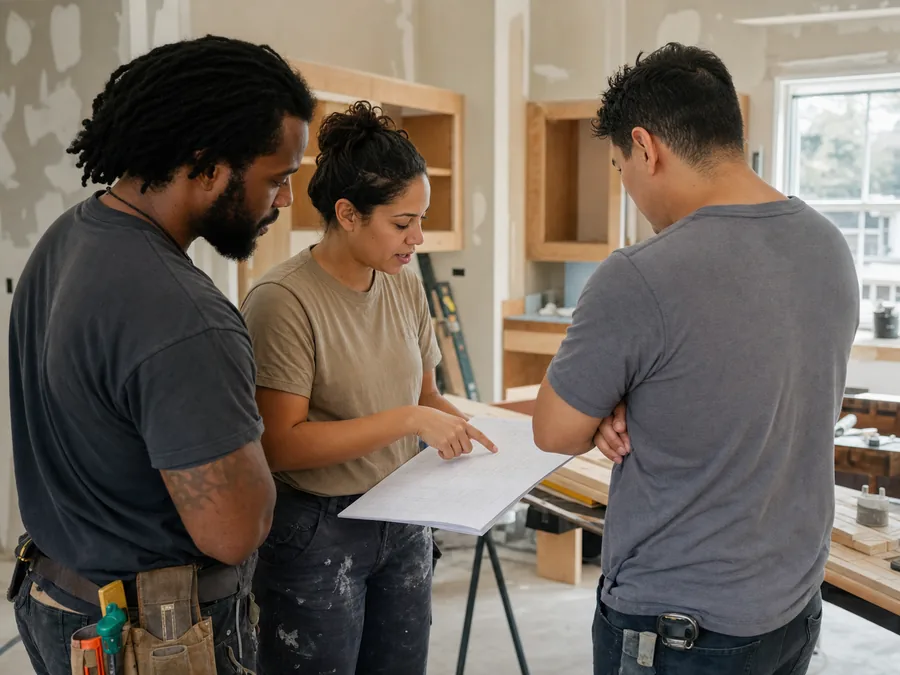 Residential remodeling crew reviewing plans at a jobsite