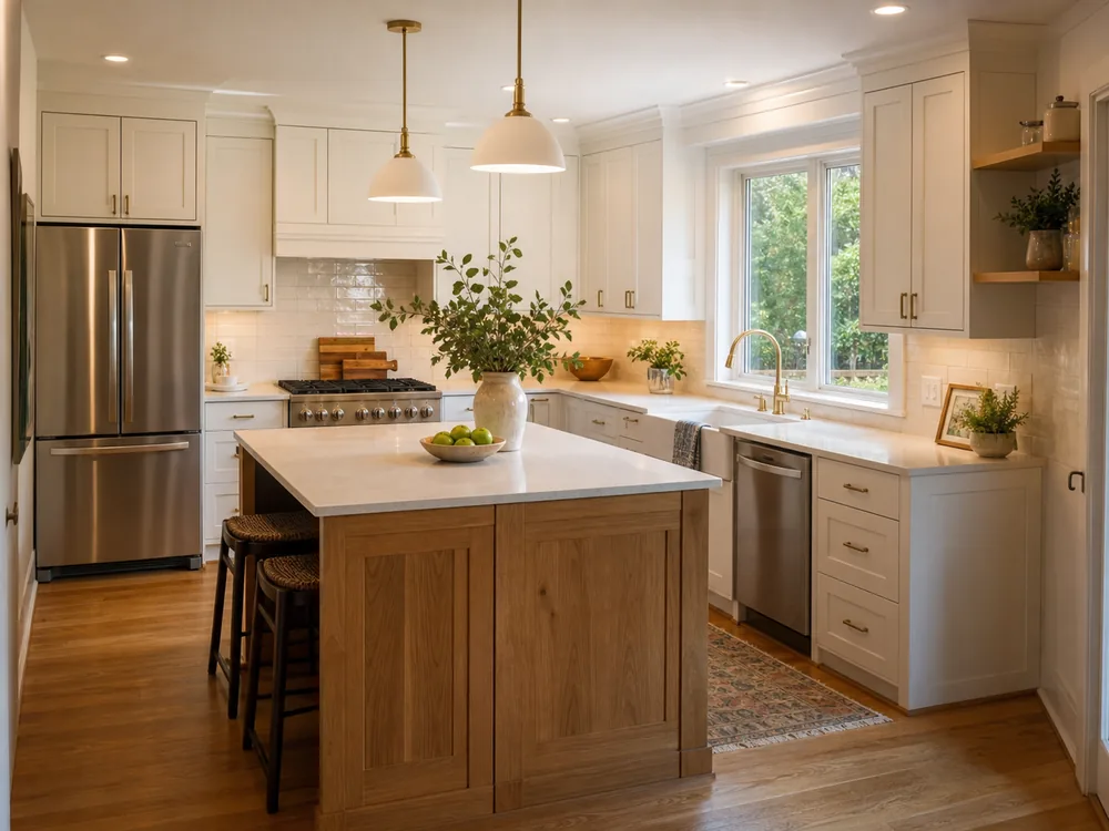 Warm contemporary kitchen with white cabinetry and an oak island