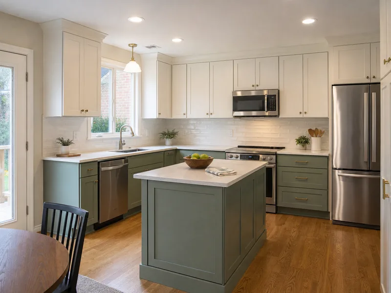 Sage and white kitchen remodel with a compact island