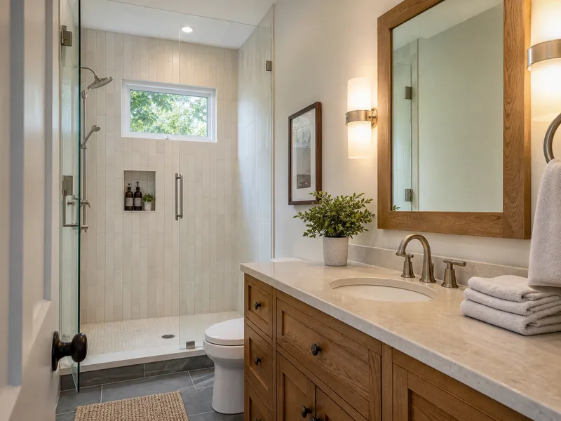 Renovated bathroom with an oak vanity and walk-in shower