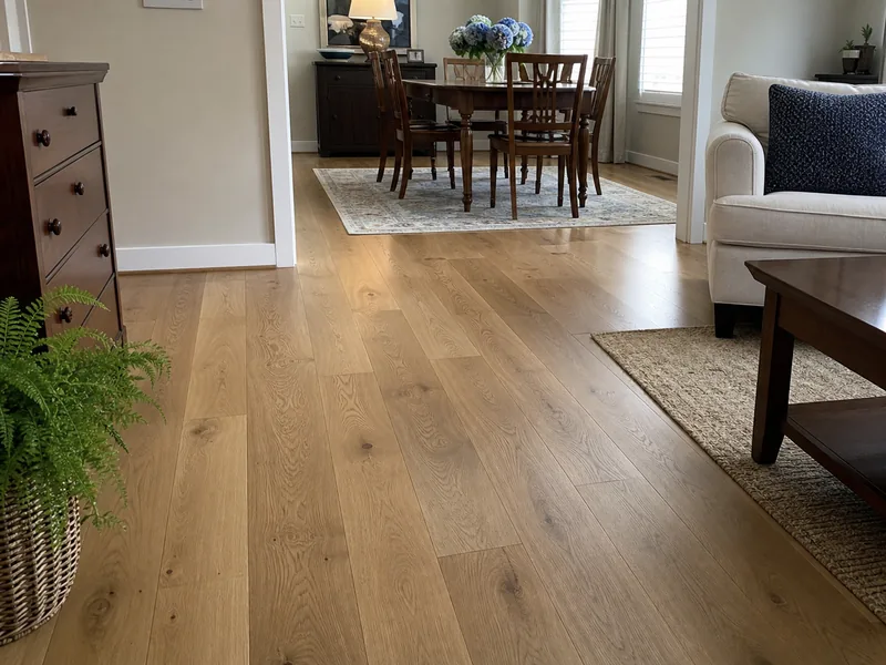 Finished white-oak flooring across a living and dining room