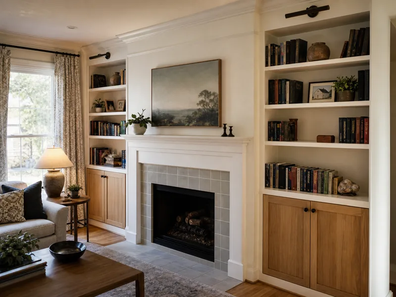 Living room with custom built-ins and a refreshed fireplace