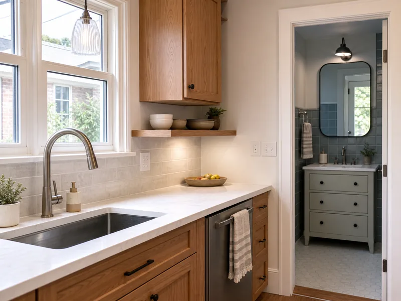 Renovated kitchen with a view into a finished bathroom